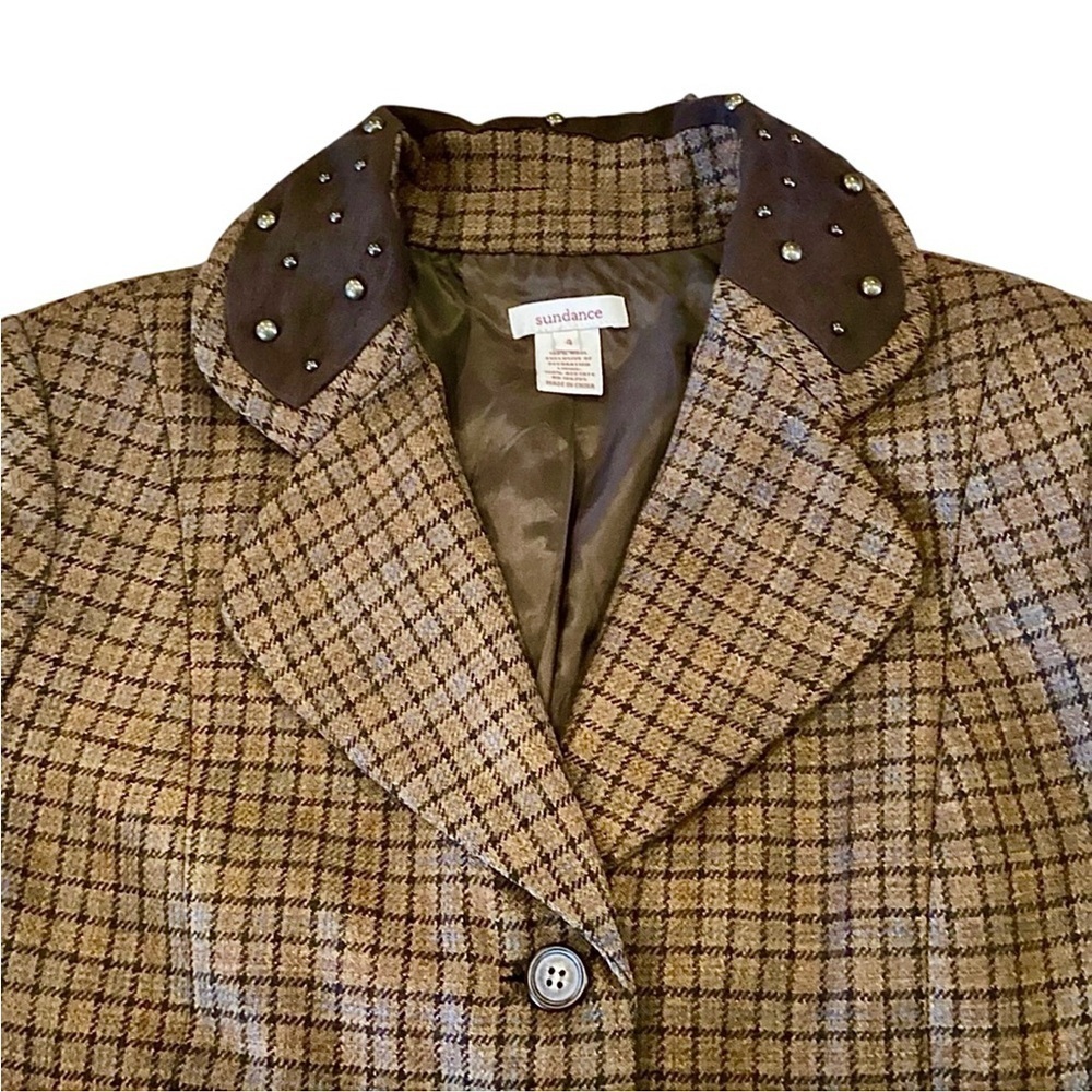 Sundance Brown Plaid Wool Blazer Jacket Studded Collar Women's Size 2 or 4 Lined - Picture 12 of 16